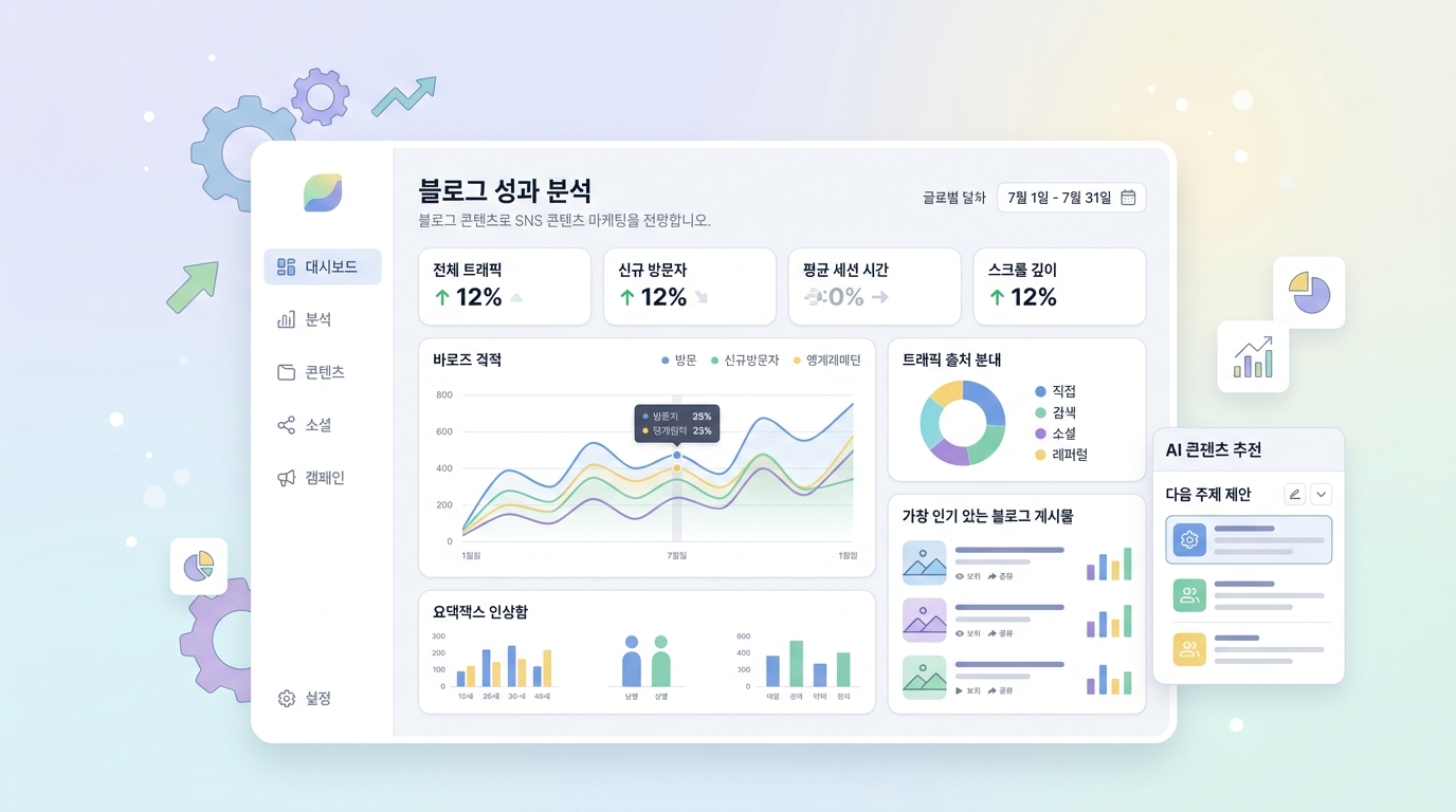 시그마인 AI 기반 SNS 콘텐츠 마케팅 플랫폼 대시보드에서 블로그 콘텐츠 성과를 분석하는 화면