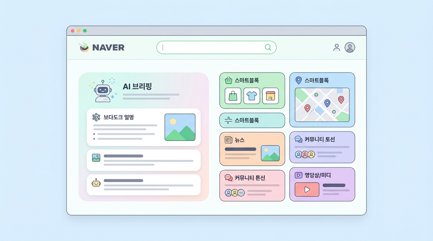 2026년 네이버 검색 결과 화면에서 AI 브리핑과 스마트블록이 노출되는 모습