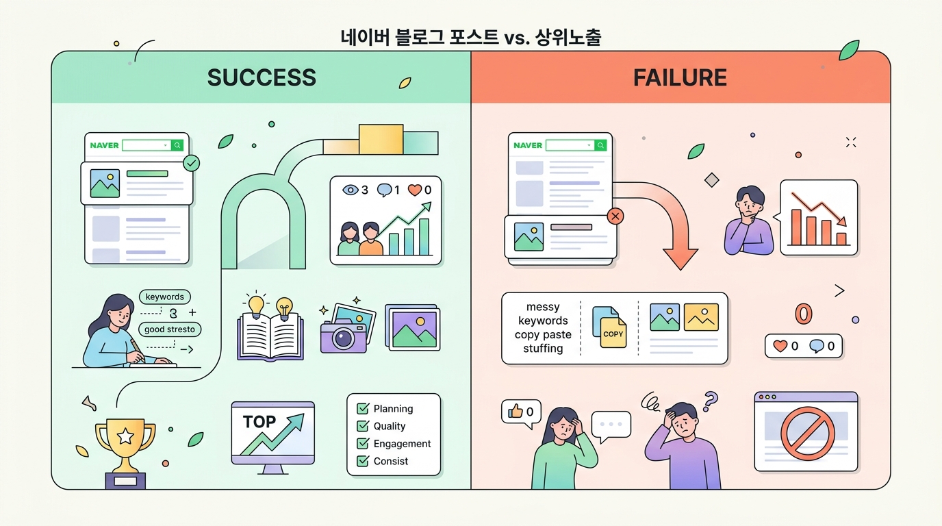 네이버 블로그 상위노출 성공 사례와 실패 사례를 비교하는 차트