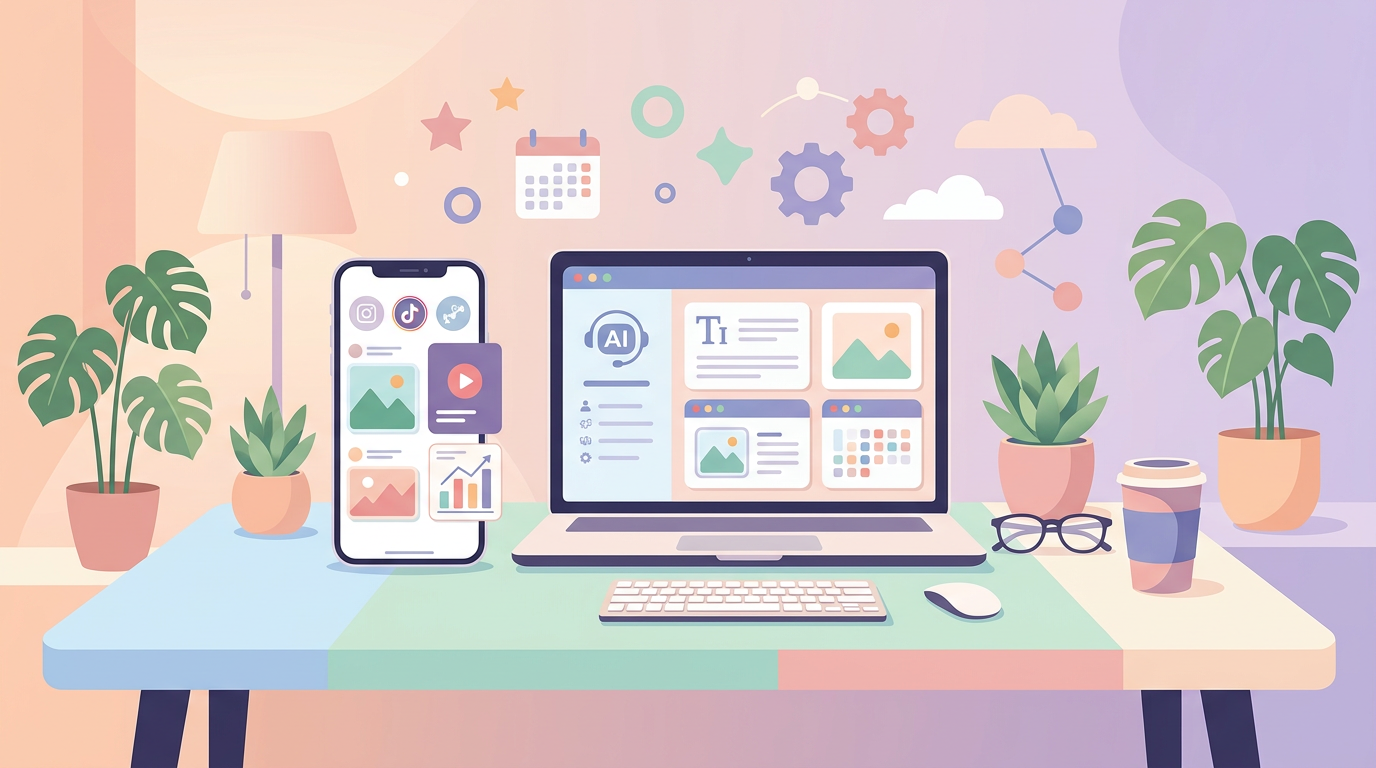 스마트폰과 AI 도구를 활용해 SNS 콘텐츠를 제작하는 소상공인 작업 화면