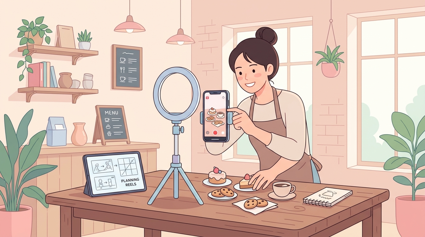 소상공인이 인스타그램 릴스 콘텐츠를 기획하고 촬영하는 장면