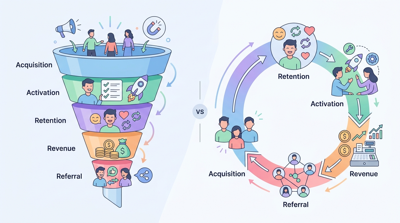 AARRR에서 RARRA로 전환하는 그로스 해킹 퍼널 비교 다이어그램