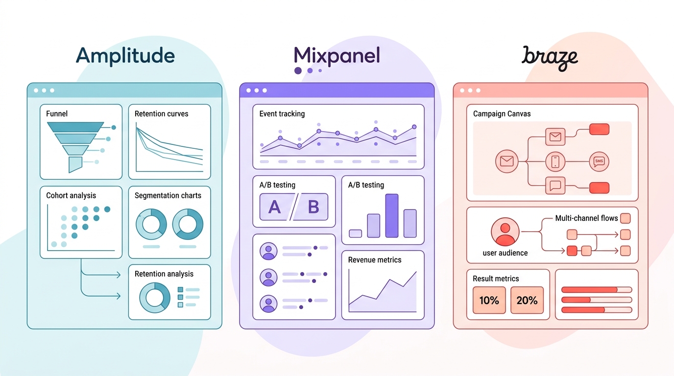 그로스 해킹 도구 비교 Amplitude Mixpanel Braze 대시보드 화면