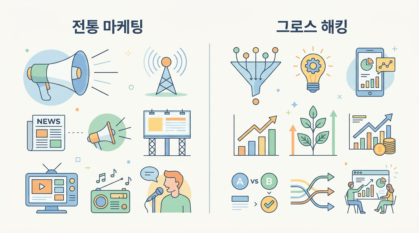 그로스 해킹과 전통 마케팅 차이점 비교 인포그래픽