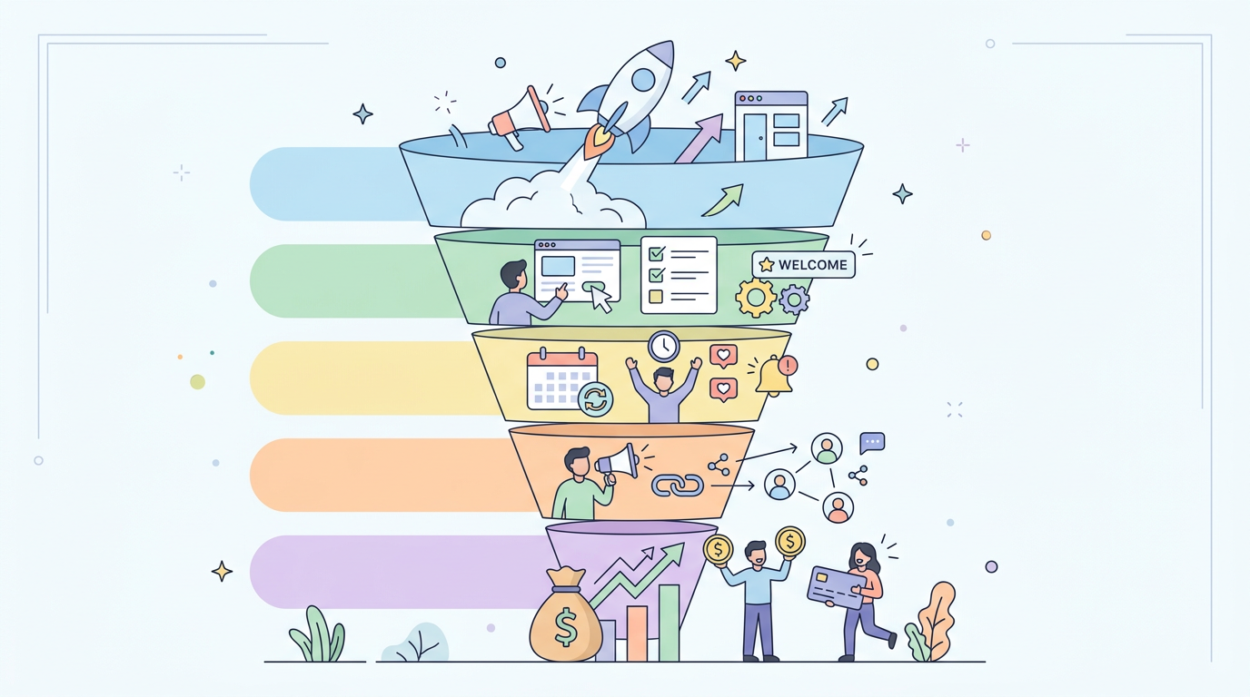 AARRR 퍼널 단계별 그로스 해킹 전략 다이어그램