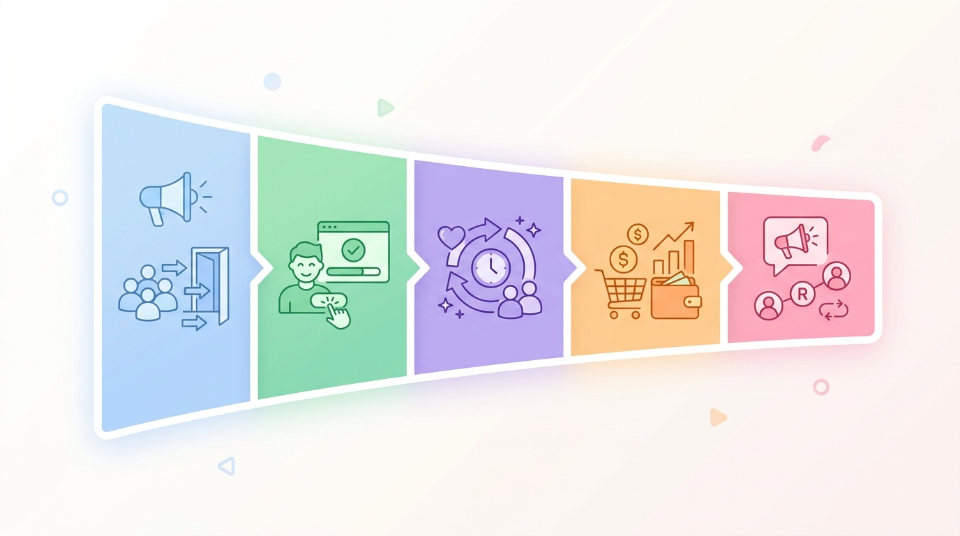 AARRR 퍼널 모델을 시각화한 인포그래픽으로 획득 활성화 리텐션 매출 추천 단계를 보여주는 이미지