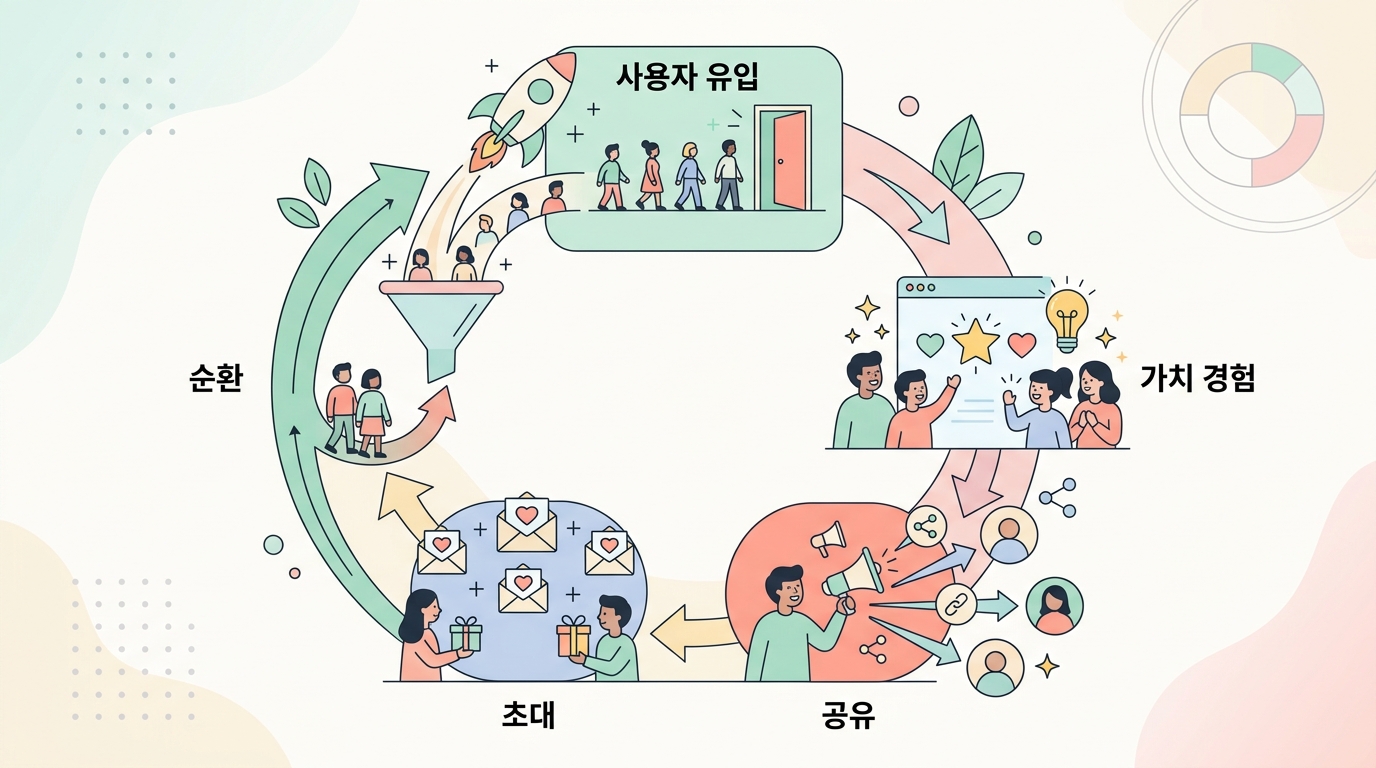 바이럴 루프 설계 사용자 유입 가치 경험 공유 초대 순환 구조 다이어그램