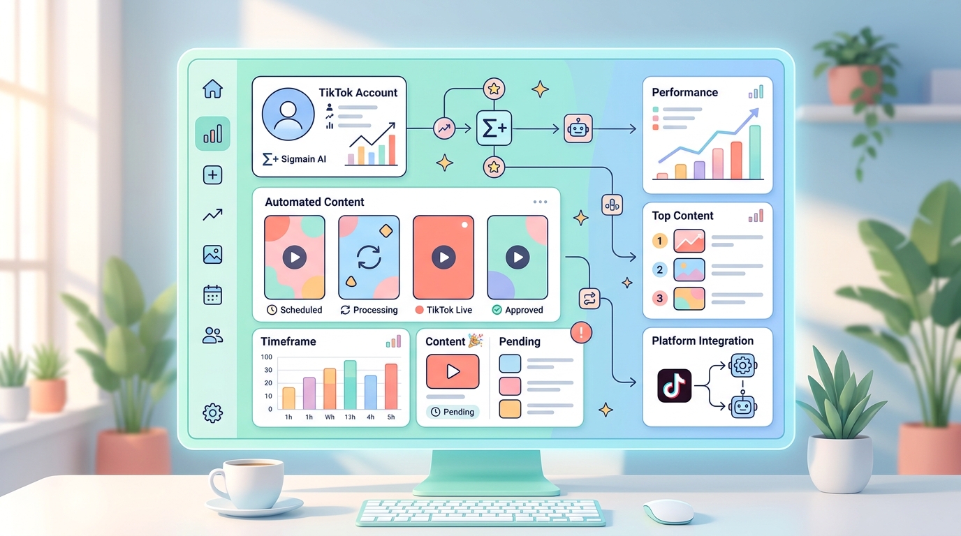 시그마인 AI 플랫폼으로 틱톡 콘텐츠를 자동 관리하는 대시보드 화면