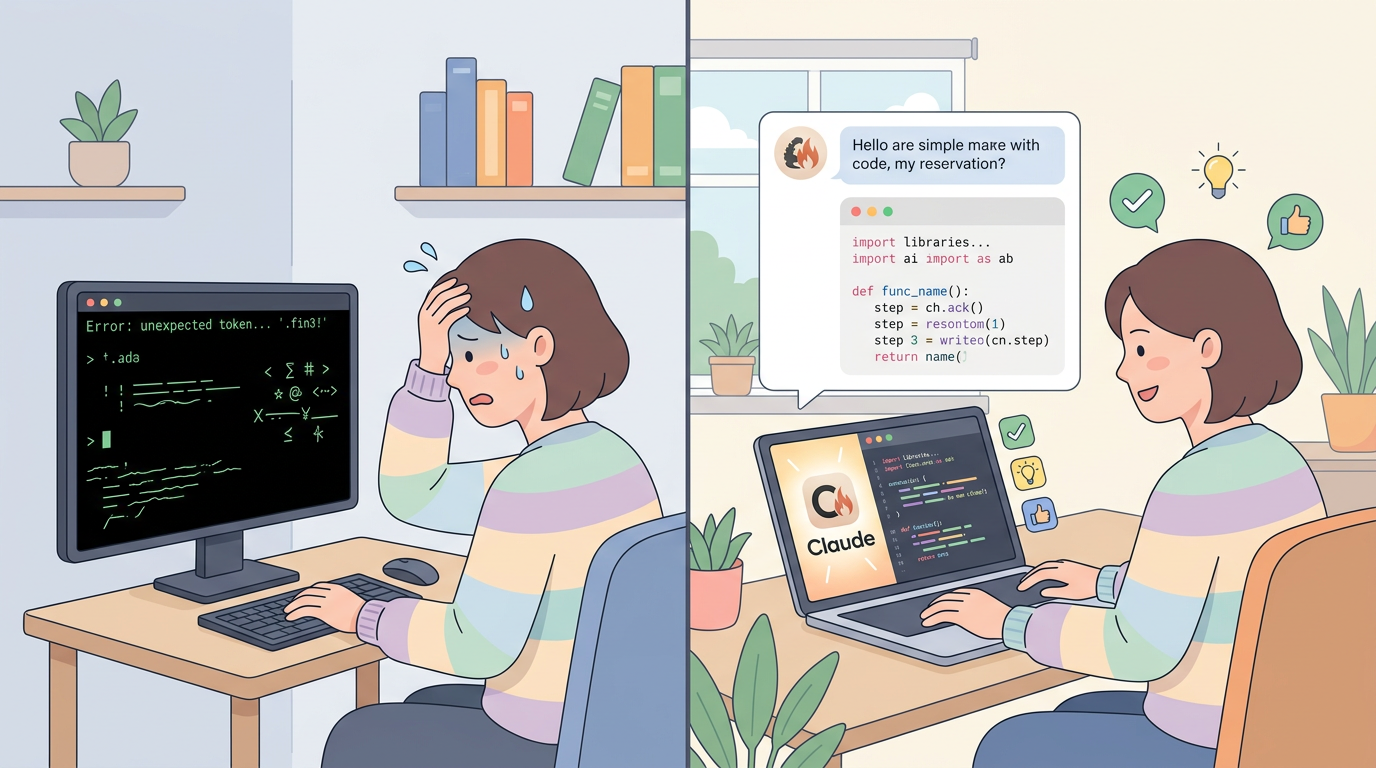 비전공자가 터미널 화면 앞에서 막막해하는 모습과 클로드 코드로 해결하는 장면 비교
