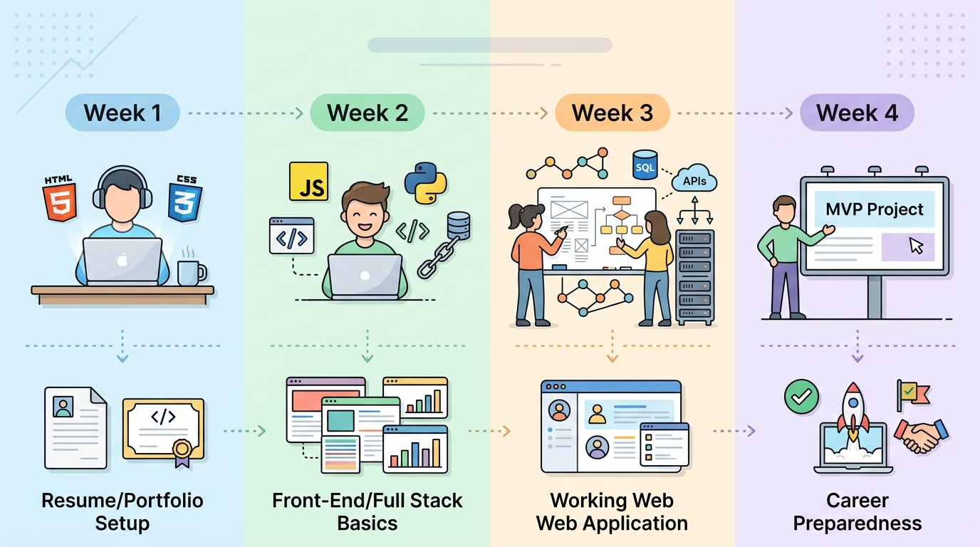 클로드 코드 부트캠프 4주 커리큘럼 주차별 학습 내용과 결과물 요약 인포그래픽