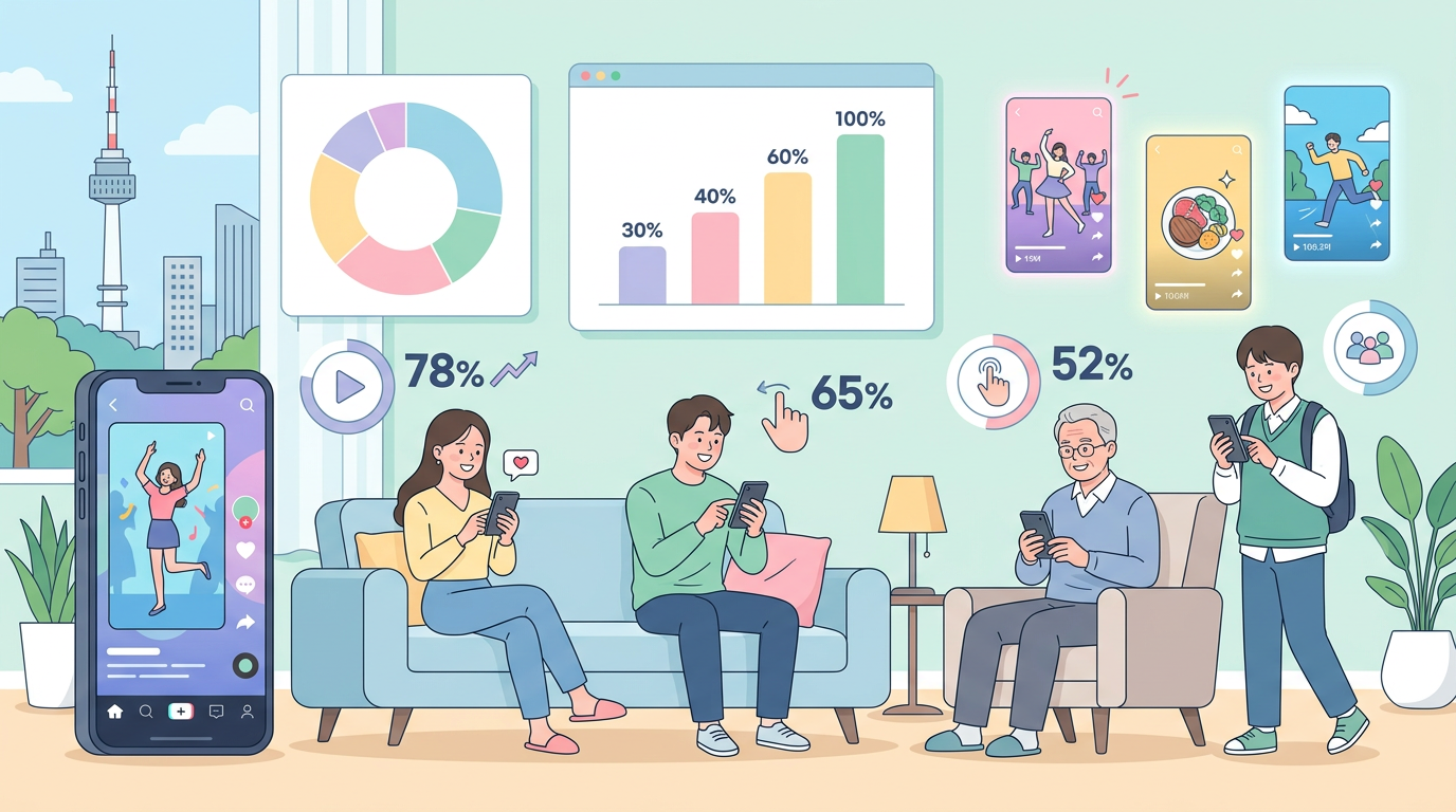 한국 스마트폰 이용자의 숏폼 콘텐츠 시청 비율 통계 인포그래픽