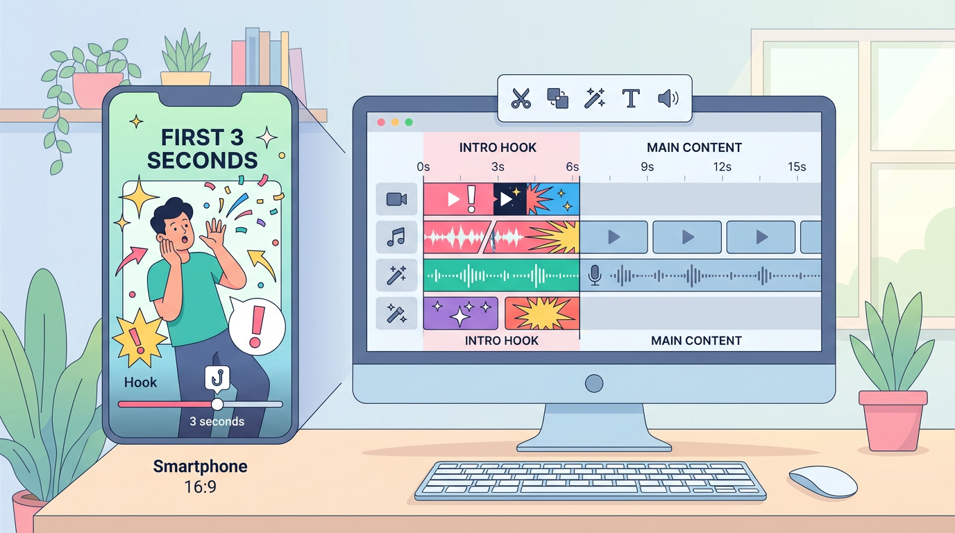 유튜브 쇼츠 초반 3초 후킹 기법을 적용한 영상 편집 화면