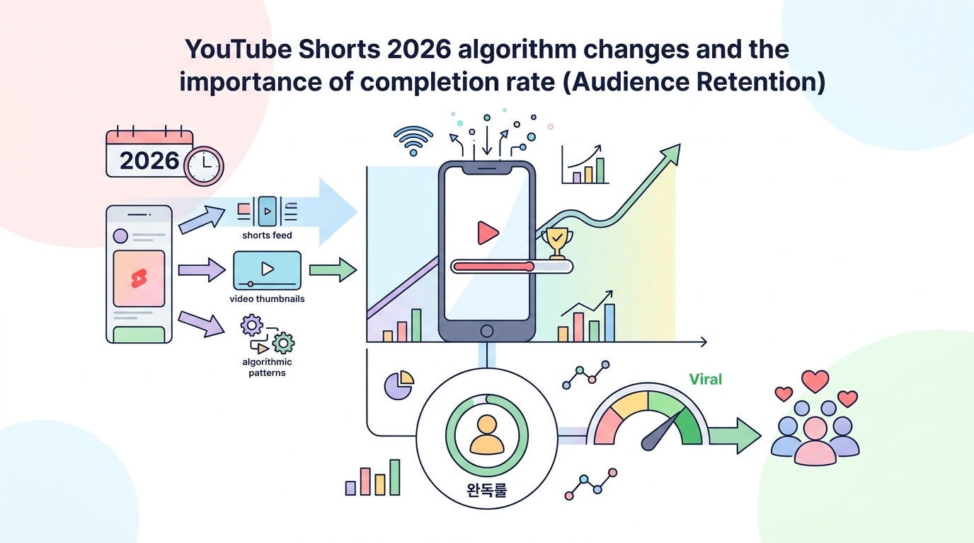 유튜브 쇼츠 2026년 알고리즘 변화와 완독률 중요성 설명 다이어그램