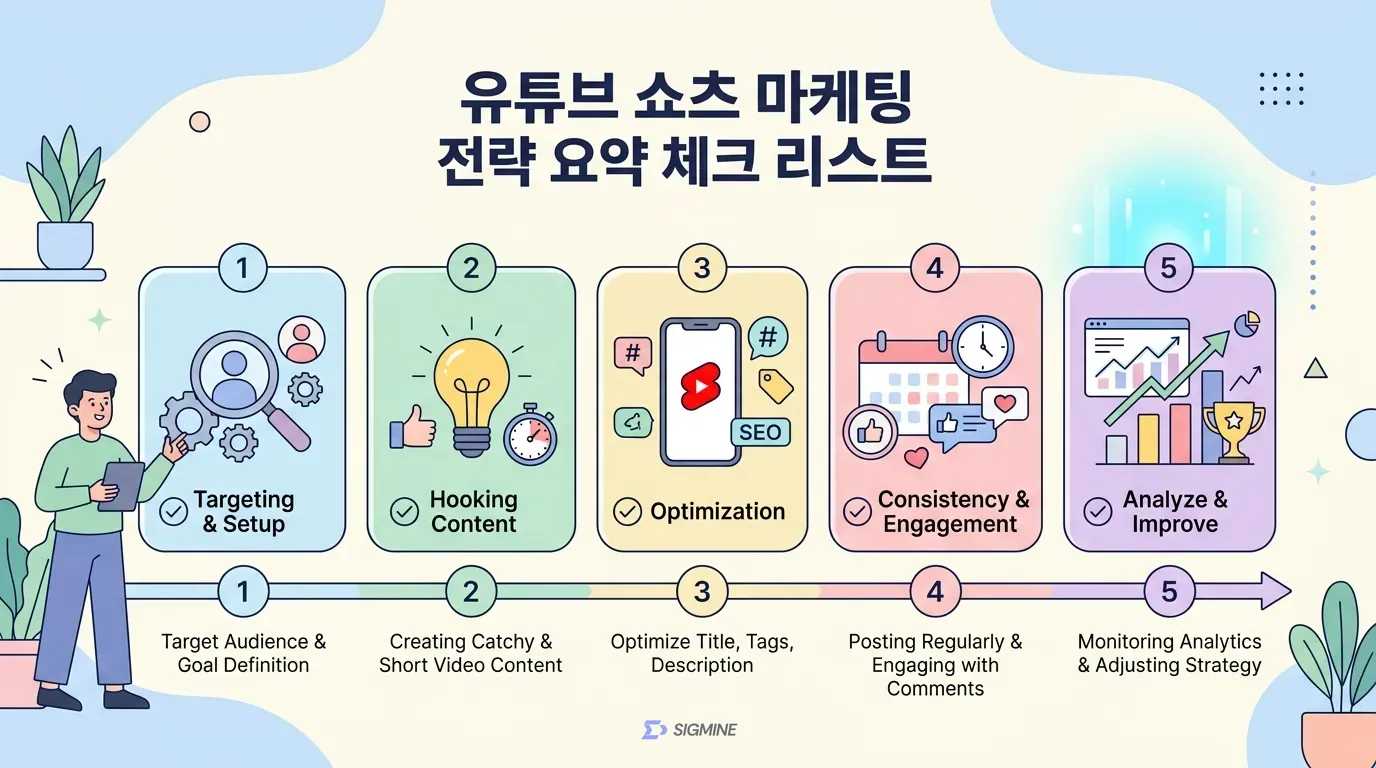 유튜브 쇼츠 마케팅 5단계 전략 요약 체크리스트 이미지